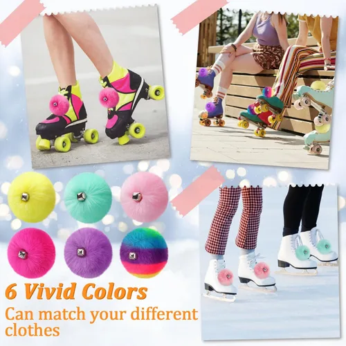 Miniatura 5 de PAMASE Pompones para Patines de Ruedas para Niñas y Mujeres - 6 Pares de Pompones Esponjosos y Coloridos con Cascabeles, Cordones de Zapatos