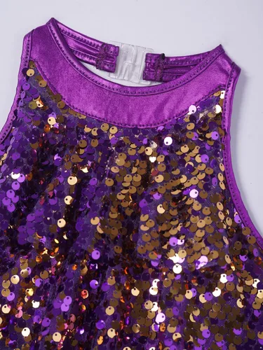 Miniatura 5 de Freebily Vestido de ballet con lentejuelas brillantes para niñas y niñas, cuello halter, falda de leotardo corto de jazz, hip hop, disfraz de danza