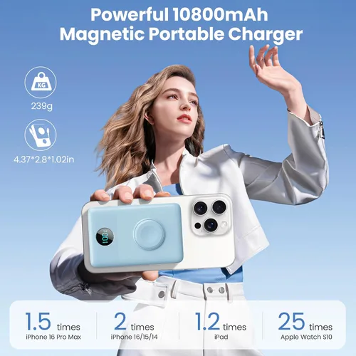 Miniatura 39 de Cargador portátil magnético de 10800 mAh para iPhone con cables integrados, cargador de batería inalámbrico 6 en 1 con cargador iWatch, pantalla LCD
