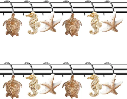 Miniatura 5 de YUKUNTANG Seashell - Ganchos para cortina de ducha, 12 piezas de anillos de cortina de ducha de resina decorativa antioxidante para baño, Concha
