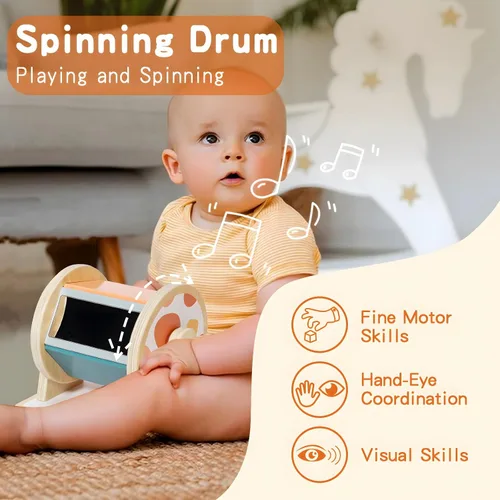 Miniatura 4 de Twefex Juguetes Montessori para bebés de 6 a 12 meses – Kit de juego 3 en 1 para bebés – Tambor giratorio mediano – Caja de pañuelos para bebé