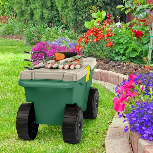 Miniatura 10 de Pure Garden - Carrito de jardín rodante con asiento, almacenamiento de plástico con banco y bandeja interior de herramientas, taburete de jardinería