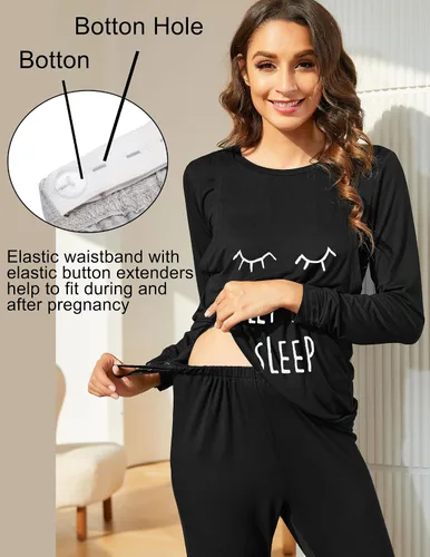 Miniatura 2 de Ekouaer Conjunto de ropa interior térmica de maternidad y lactancia, conjunto de pantalones largos de punto a rayas, capa base superior e inferior