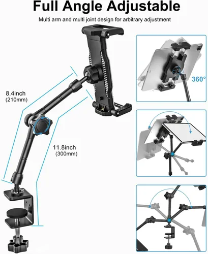Miniatura 3 de Soporte de aluminio para tablet para soporte de escritorio, soporte de tableta [pequeño portátil] para cocina, clip de cama con abrazadera grande