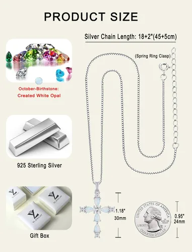 Miniatura 129 de YL Collar de cruz de plata de ley 925 con colgante de piedra natal religiosa para mujer