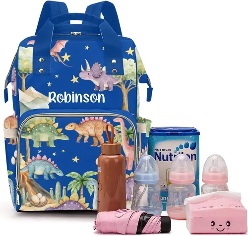 Miniatura 9 de Linda bolsa de pañales personalizada de dinosaurio tropical de gran capacidad para bebé, niño y niña, impermeable, con nombre personalizado, mochila
