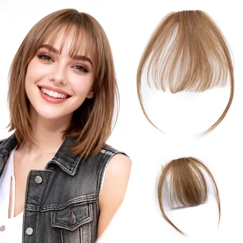 Miniatura 11 de Hairro Flequillo con clip, de cabello humano, fleco francés, con flecos, parte frontal plana, flequillo lateral, clip con cortina de sien, clip