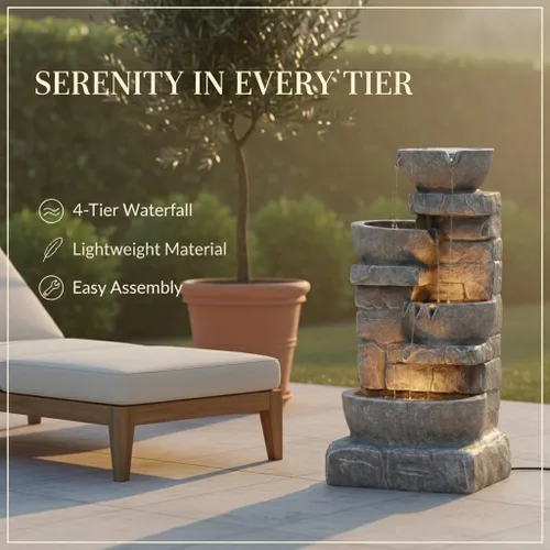 Miniatura 2 de Teamson Home Fuente de Agua LED para Exteriores de 33.25 pulgadas con Tazones en Cascada y Piedras Apiladas para Jardines, Paisajismo, Patios, Gris