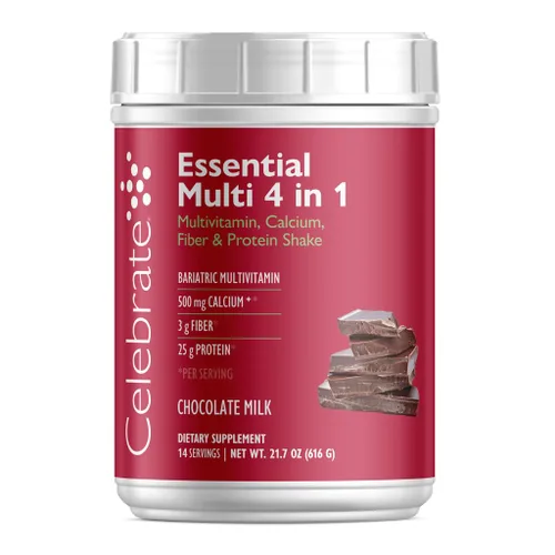 Celebrate Vitamins Essential Multi 4 en 1 en polvo – multivitamínico bariátrico, 500 mg de calcio, 0.17 oz de fibra, 0.88 oz de mezcla de batido de