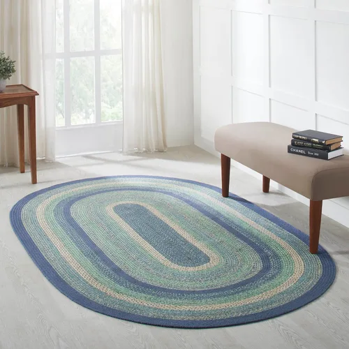 Miniatura 17 de VHC Brands Jolie Farmhouse - Alfombra decorativa de 19.5 x 36 pulgadas, textura azul de yute a rayas, medio círculo, decoración para el suelo