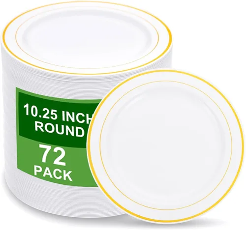 Miniatura 12 de WELLIFE 100 platos de postre de plástico blanco y 100 tenedores desechables dorados, plato duro de postre de alta calidad de 7.5 pulgadas, platos
