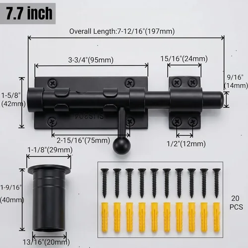 Miniatura 2 de Barrel Bolt Latch,7.7 inch Slide Bolt Gate Latch,14mm Bolt Heavy Duty Shed Door Latch,304 Stainless Steel Black Finish Lock Latch for Barn, Fence