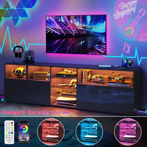 Miniatura 4 de Hlivelood Soporte de TV LED para TV de 85 pulgadas, Soporte de TV moderno con toma de corriente, Centro de entretenimiento con consola de TV moderna