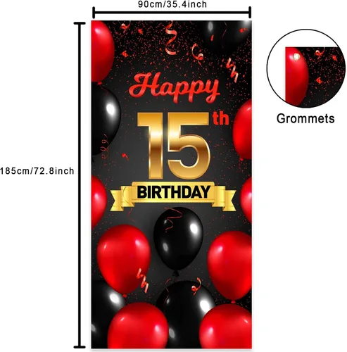 Miniatura 3 de Cartel de feliz cumpleaños 15 cumpleaños rojo y negro telón de fondo para cabina de fotos, globos de vítores a 15 años de edad, decoración temática