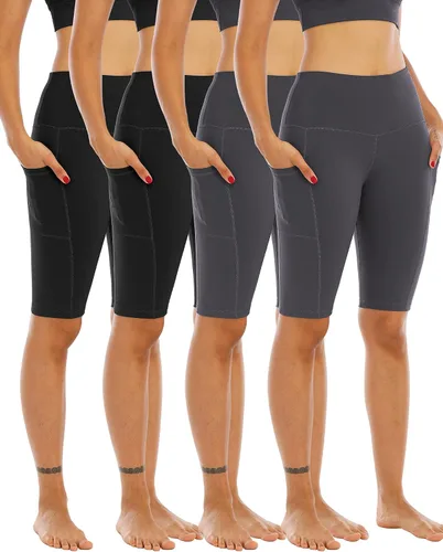 Miniatura 10 de WHOUARE Paquete de 4 pantalones cortos de yoga con bolsillos para mujer, cintura alta, atléticos, correr, entrenamiento, gimnasio, control de abdomen