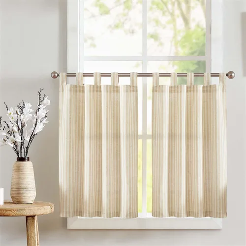 Miniatura 11 de jinchan - Cortinas de lino a rayas para cocina de 20 pulgadas de largo, cortinas de varios niveles, estilo granja moderna de café, tratamientos
