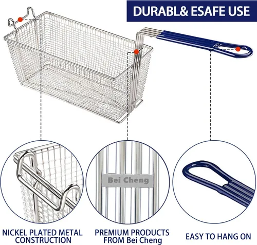 Miniatura 3 de 2 cestas para freidora profunda con mango antideslizante, construcción de hierro chapado en níquel resistente, 13 1/4 x 6 1/2 x 6 pulgadas, uso