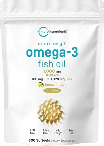 Micro Ingredients Suplementos de aceite de pescado Omega 3 de fuerza extra 1,000mg por porción, 300 cápsulas blandas | sabor a limón | sin eructos |