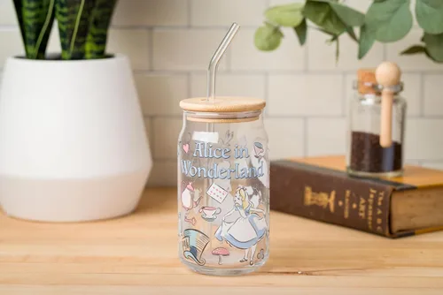 Miniatura 8 de Silver Buffalo Disney Alice in Wonderland Tarro de vidrio con tapa de bambú y pajita de vidrio, 16 onzas