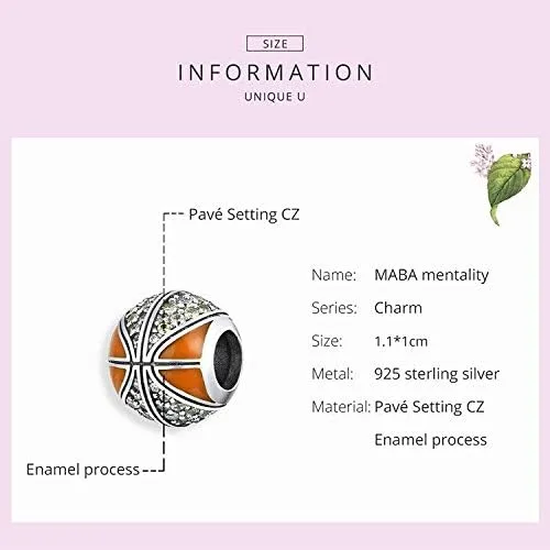 Miniatura 3 de Abalorio de cuentas de voleibol de plata de ley 925 con cuentas deportivas, pulsera original (personaje de baloncesto naranja)