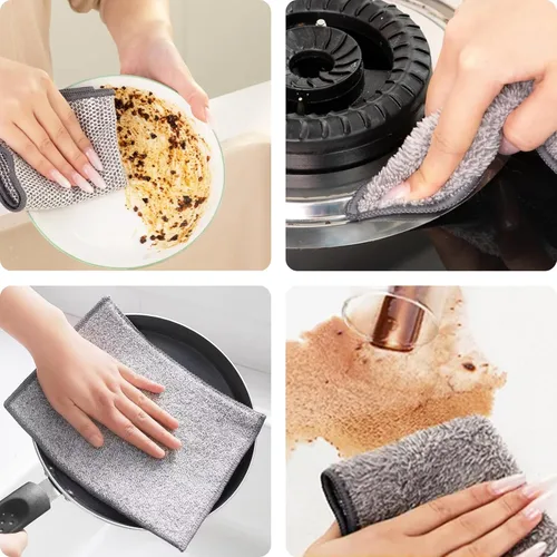 Miniatura 6 de 3 paños de cocina de alambre antiarañazos, 2 capas superabsorbentes de bambú y carbón, trapos reutilizables multiusos para lavar platos húmedos
