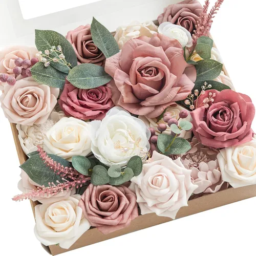 Ling's moment Caja de Flores Falsas, Tallos de Vegetación Artificial Falsa, Rosas de Espuma, Peonías de Seda con Bayas, Eucalipto, Flor de Tela para
