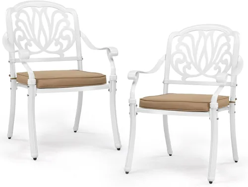 Miniatura 18 de VINGLI Juego de 2 sillas de patio apilables de aluminio fundido para exteriores con acabado negro vintage y patrón floral, sillones de metal