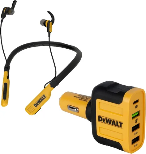 DEWALT Auriculares inalámbricos Bluetooth con banda para el cuello y cargador rápido de coche de 60 W de 4 puertos