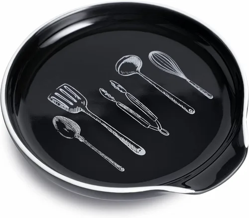 GDCZ - Soporte de cuchara de cerámica de 5 pulgadas para encimera de cocina y estufa (negro, 1) | 5 Inch Round Spoon Rest, Grooved Slot, Keeps