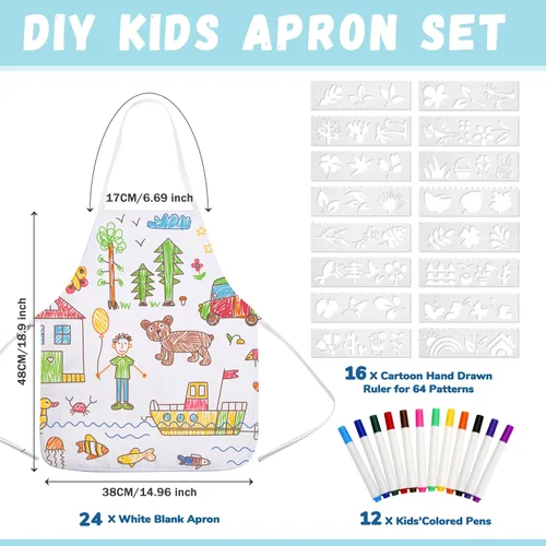 Miniatura 2 de Pllieay 52 delantales para niños, delantales blancos para niños con bolígrafo de colores y plantillas de diario para pintura, cocina, cocina