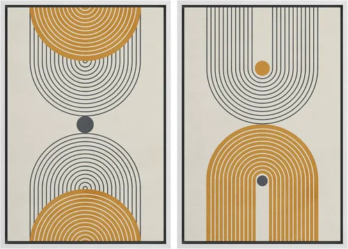 Miniatura 66 de IDEA4WALL Lienzo enmarcado para pared, juego de arte Bauhaus dorado de mediados de siglo, patrón de cuadrícula moderna, ilustraciones con formas
