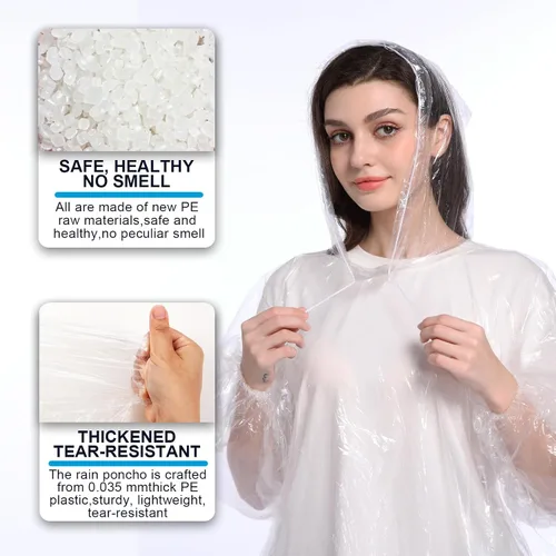 Miniatura 2 de Ponchos de lluvia desechables para adultos, paquete familiar de ponchos de lluvia de emergencia para mujeres y hombres con capucha con cordón