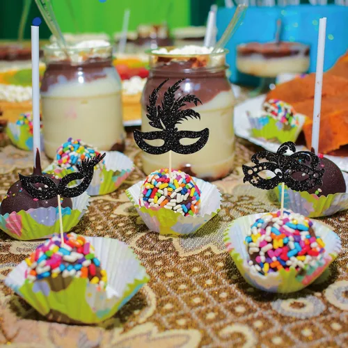 Miniatura 4 de Gyufise 24 máscaras de mascarada para cupcakes con purpurina para despedida de soltera, para cupcakes, comida y frutas, baile de máscaras, Mardi