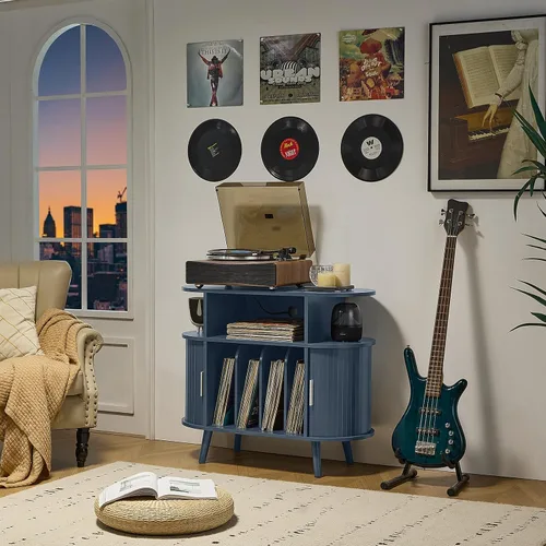 Miniatura 9 de LELELINKY Large Round Record Player Stand with Charging Station & Fluted Display Shelf, Blue Mid Century Modern Turntable Cabinet with Vinyl