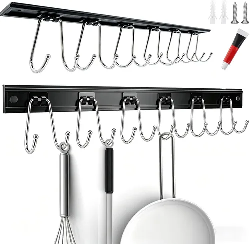 Miniatura 10 de Cociat 2 piezas de estantes para utensilios con 8 ganchos, soportes para utensilios de cocina colgantes de 17 pulgadas, estante multifuncional