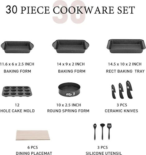 Miniatura 6 de MAISON ARTS Juego de 30 piezas de ollas y sartenes antiadherentes, juego de utensilios de cocina y de horneado con revestimiento de granito Negro