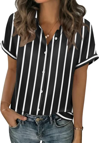 Miniatura 9 de Zeagoo Blusas de verano de manga corta para mujer, camisas casuales con botones, blusas de trabajo de negocios sólidas/a rayas