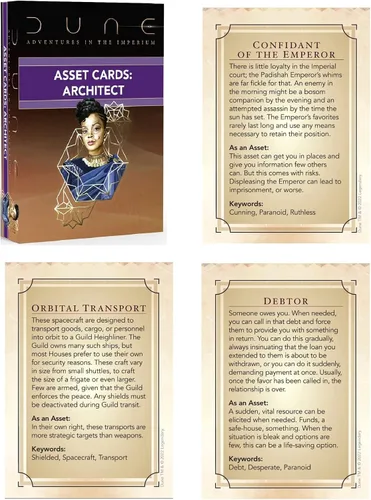 Miniatura 5 de Dune: Cartas de activos – Baraja de expansión de arquitecto – Dune Adventures in The Imperium, 56 cartas RPG expansión, paquete de accesorios, cada
