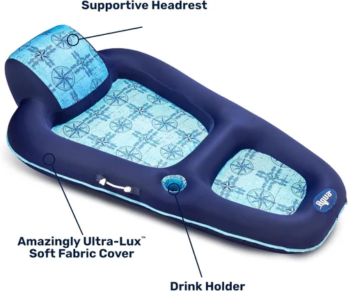 Miniatura 6 de Aqua Luxury - Colchón inflable extralargo para piscina, flotador con reposacabezas, respaldo y reposapiés, diseño azul marino/azul claro