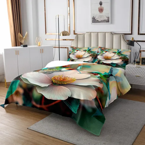 Miniatura 3 de Juego de ropa de cama floral 3D tamaño individual con colibrí, 2 piezas para niños, adolescentes, mujeres, hombres, decoración de habitación