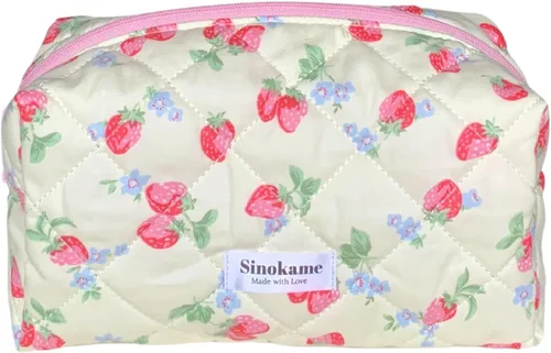 Miniatura 11 de SINOKAME Bolsa de maquillaje acolchada, bolsa de cosméticos hecha a mano de fresa, estuche organizador de maquillaje floral de coqueta, organizador