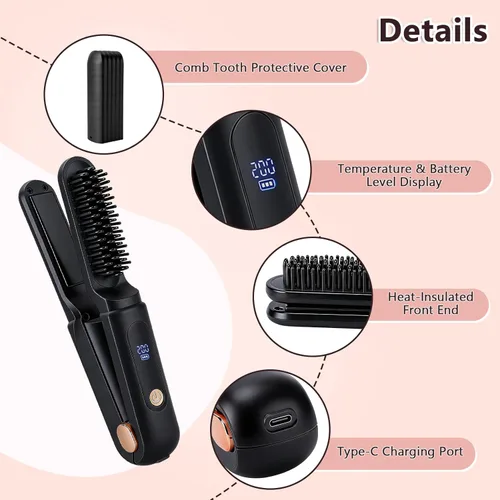 Miniatura 3 de Cepillo alisador de pelo inalámbrico, alisador de pelo portátil de viaje, mini plancha plana recargable 2 en 1 y cepillo alisador de cabello