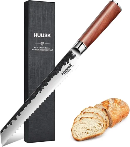 Huusk Cuchillo de Pan Dentado de 8 pulgadas, Cuchillo de Pan Japonés de Acero al Carbono Mejorado, Cuchillos para Rebanar Pan para Cortar Pan