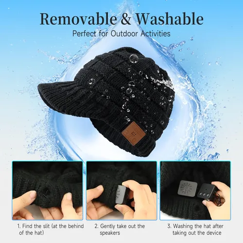 Miniatura 8 de Gorro Bluetooth para mujer con agujero para cola de caballo, gorro con auriculares integrado, micrófono integrado, regalos para mujer, W2-negro