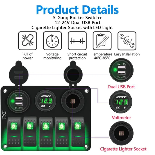 Miniatura 5 de FXC Interruptor basculante de 5 segmentos con doble ranura USB de 5 V 3.1 A + medidor de voltios + encendedor de cigarrillos para lanchas marinas