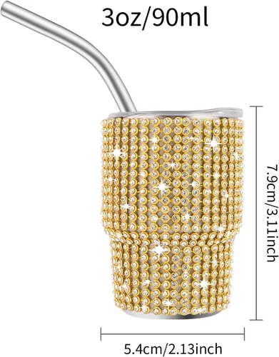 Miniatura 2 de INSTOME Vaso de chupito brillante de 3 onzas, mini tazas con tachuelas de diamantes de imitación con pajitas, brillo similar a un diamante