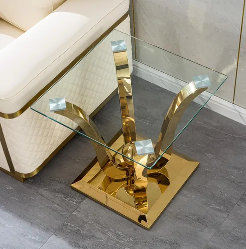 Miniatura 4 de SSLine Mesa auxiliar de cristal de lujo para sala de estar, mesa auxiliar moderna dorada con base de pedestal de acero inoxidable en forma de flor