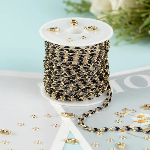 Miniatura 6 de Cadena de goteo de aceite negro para hacer joyas, carrete de cadena de eslabones de cable de latón chapado en oro con anillos abiertos y cierres