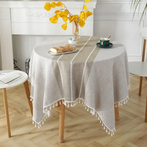 Miniatura 15 de Colorigan Mantel rectangular de lino de algodón con diseño boho, mantel de mesa de granja, mantel oblongo, sin arrugas, para interiores y Lino Crema