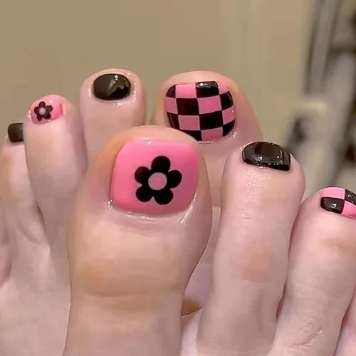 Miniatura 40 de Uñas postizas acrílicas artificiales negras para los dedos de los pies, ataúd a presión con diseños de flores blancas, uñas postizas reutilizables
